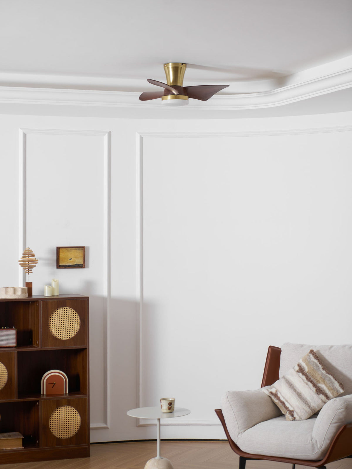 Breeze Lux Ceiling Fan Light with LED – Modern Brushed Gold & Walnut Finish