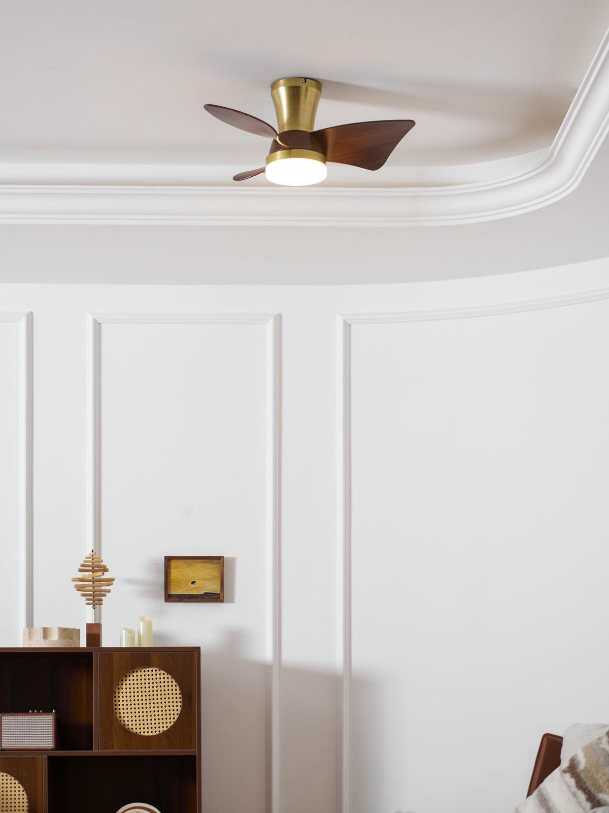 Breeze Lux Ceiling Fan Light with LED – Modern Brushed Gold & Walnut Finish