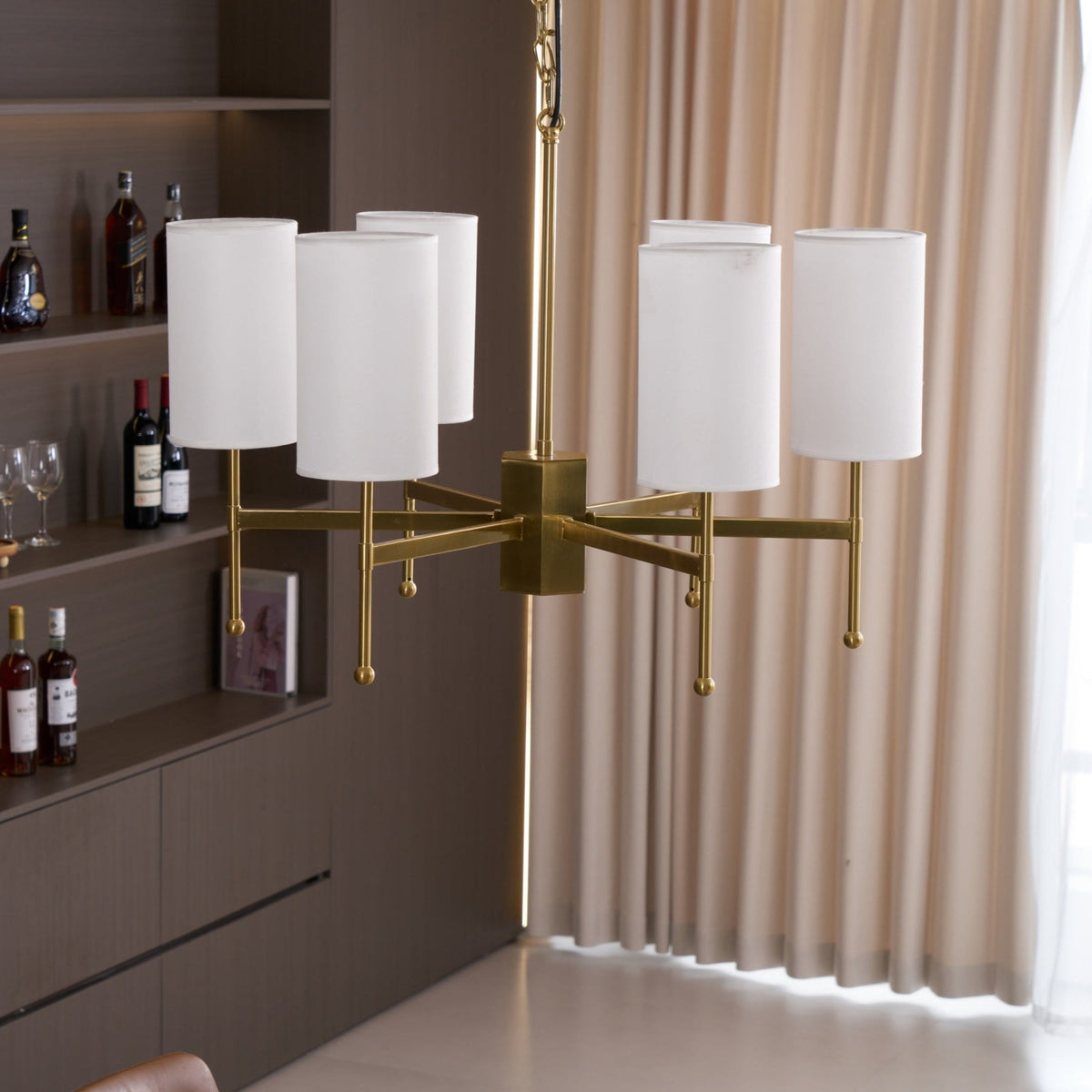 Brass Chandelier with Fabric Shades – Modern Luxury Lighting for Dining and Living Rooms