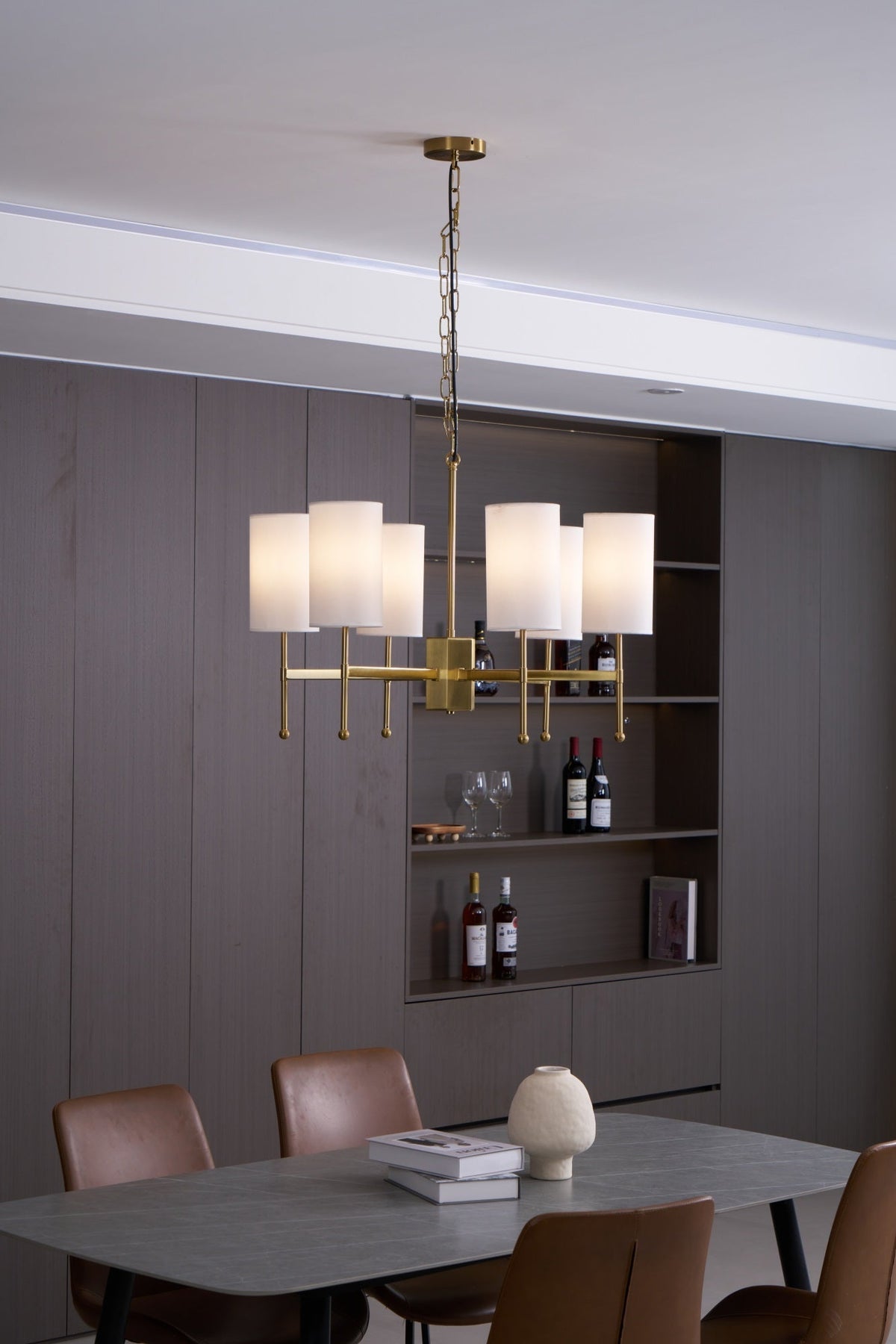 Brass Chandelier with Fabric Shades – Modern Luxury Lighting for Dining and Living Rooms