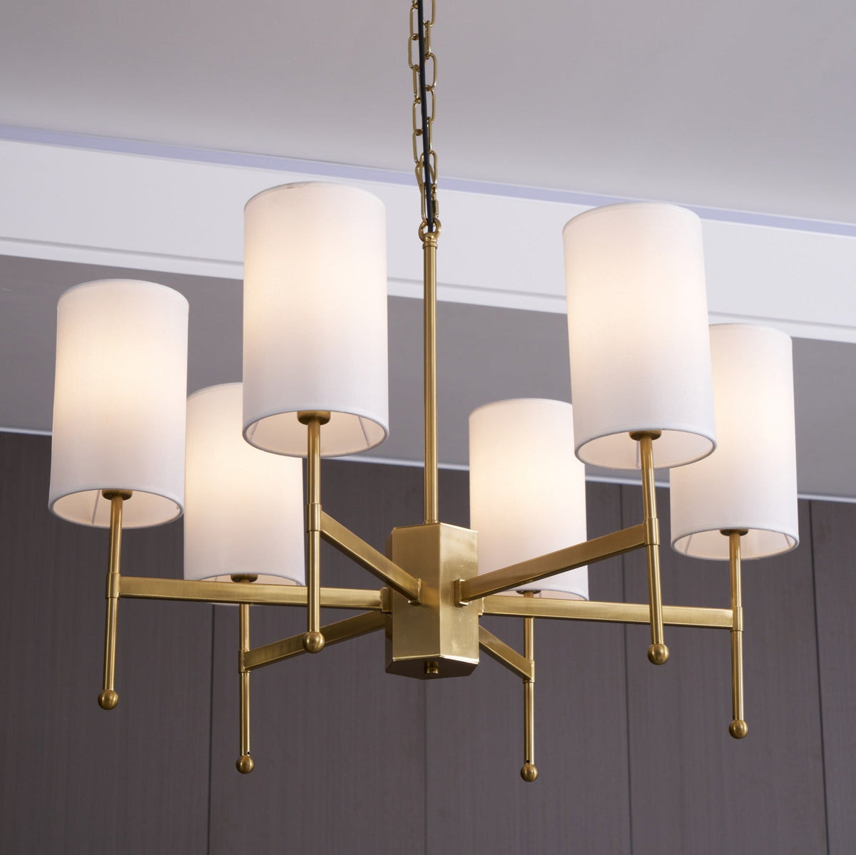 Brass Chandelier with Fabric Shades – Modern Luxury Lighting for Dining and Living Rooms