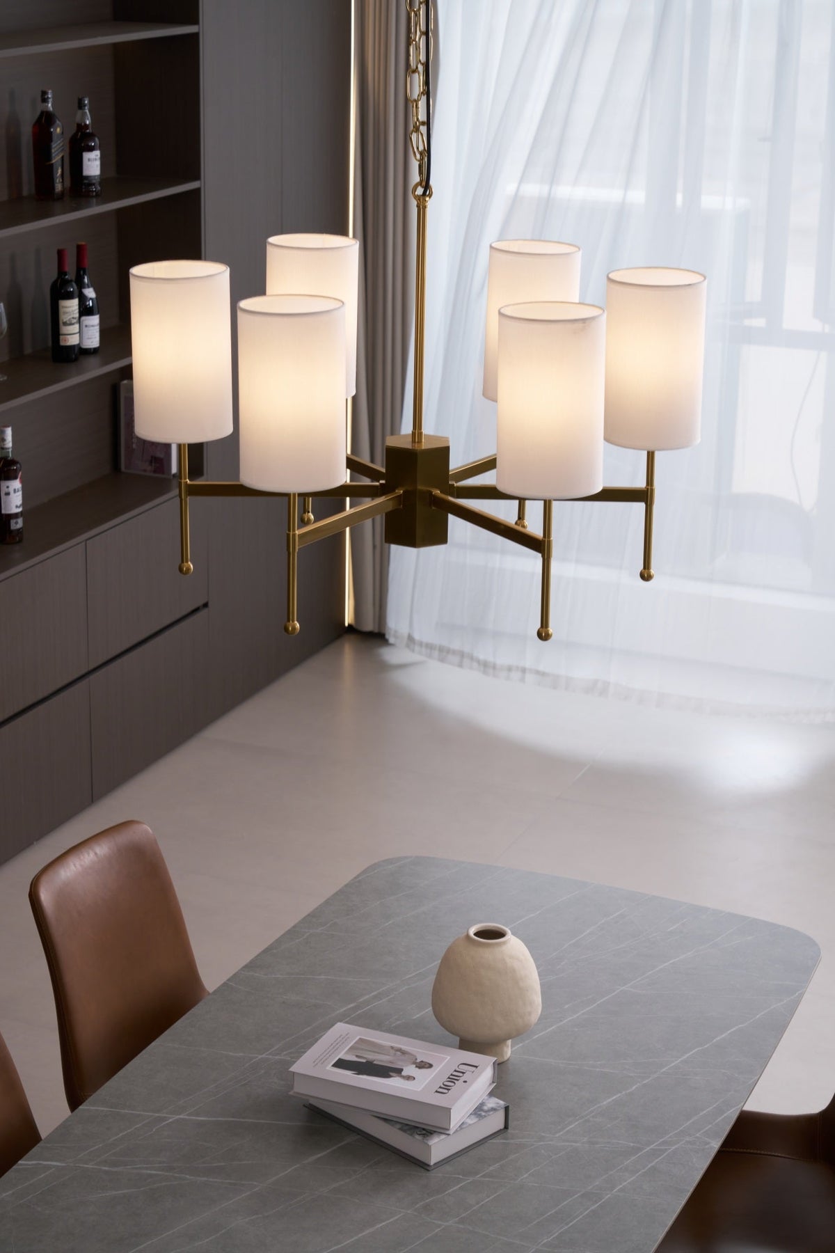 Brass Chandelier with Fabric Shades – Modern Luxury Lighting for Dining and Living Rooms