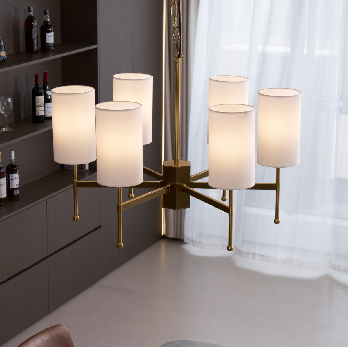 Brass Chandelier with Fabric Shades – Modern Luxury Lighting for Dining and Living Rooms