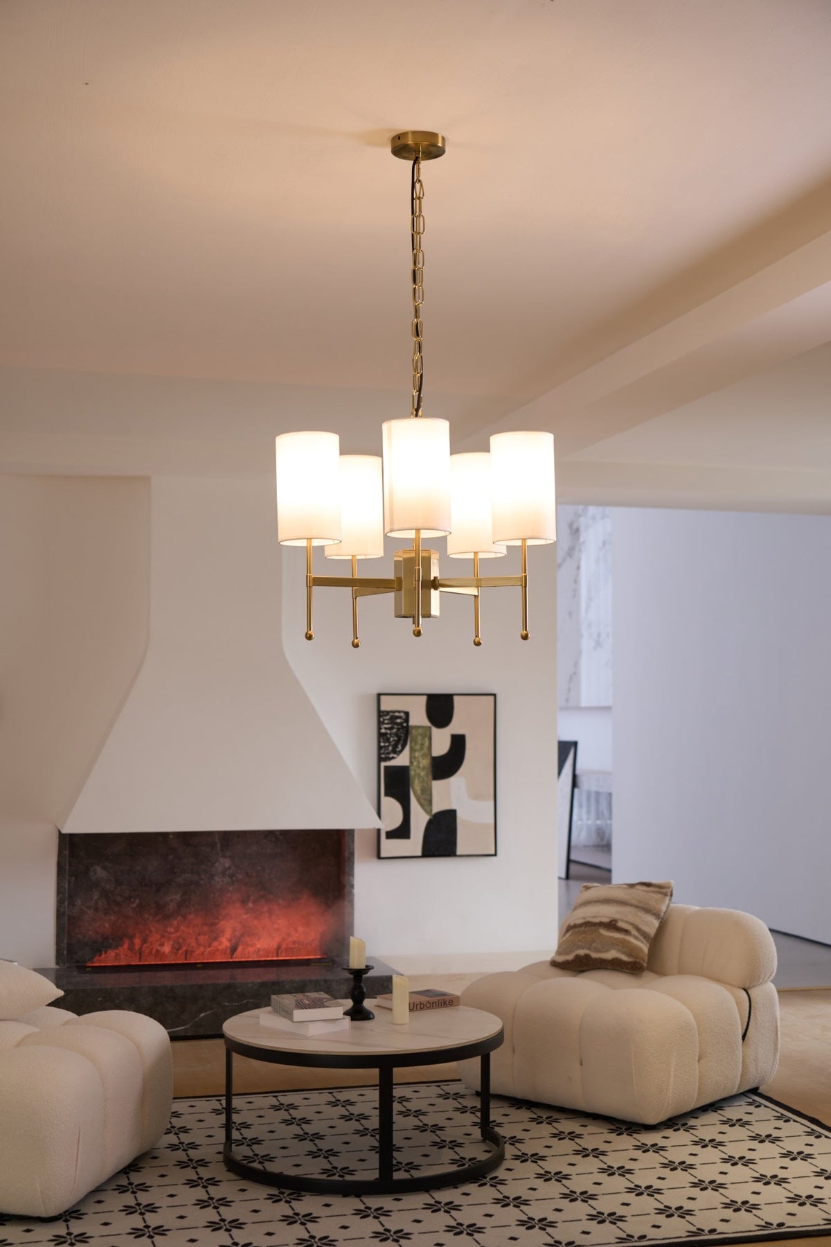 Brass Chandelier with Fabric Shades – Modern Luxury Lighting for Dining and Living Rooms