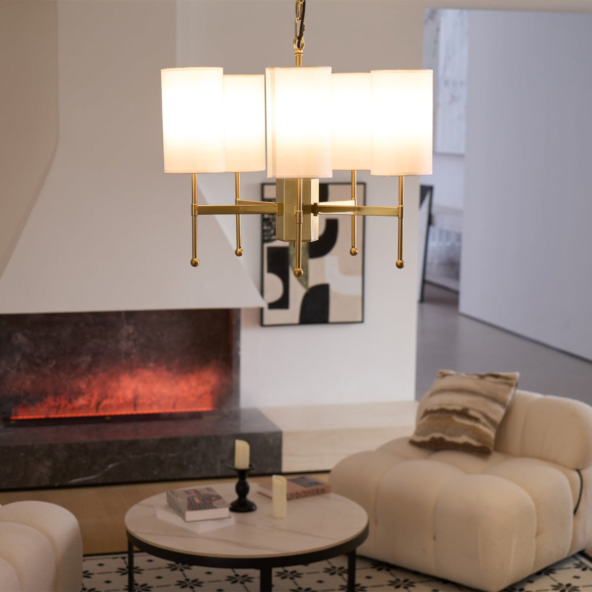 Brass Chandelier with Fabric Shades – Modern Luxury Lighting for Dining and Living Rooms