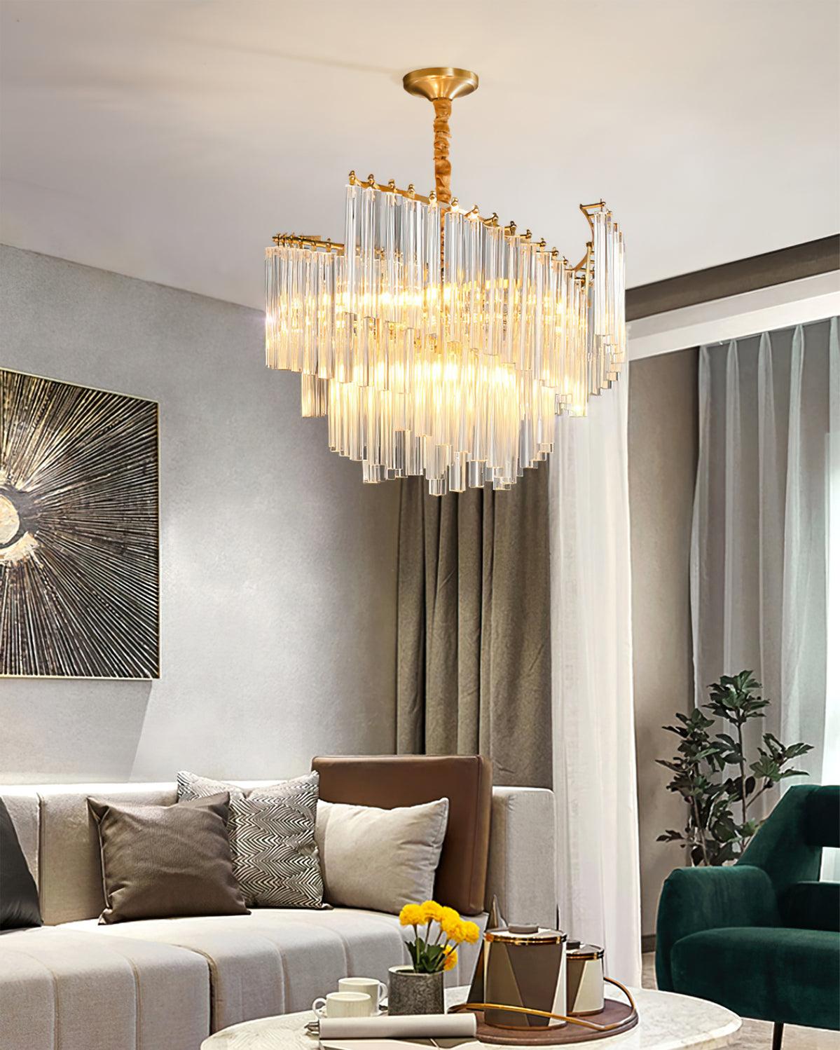 Brinicle Crystal Chandelier in Brass Finish, Modern Tiered Spiral Pendant Light