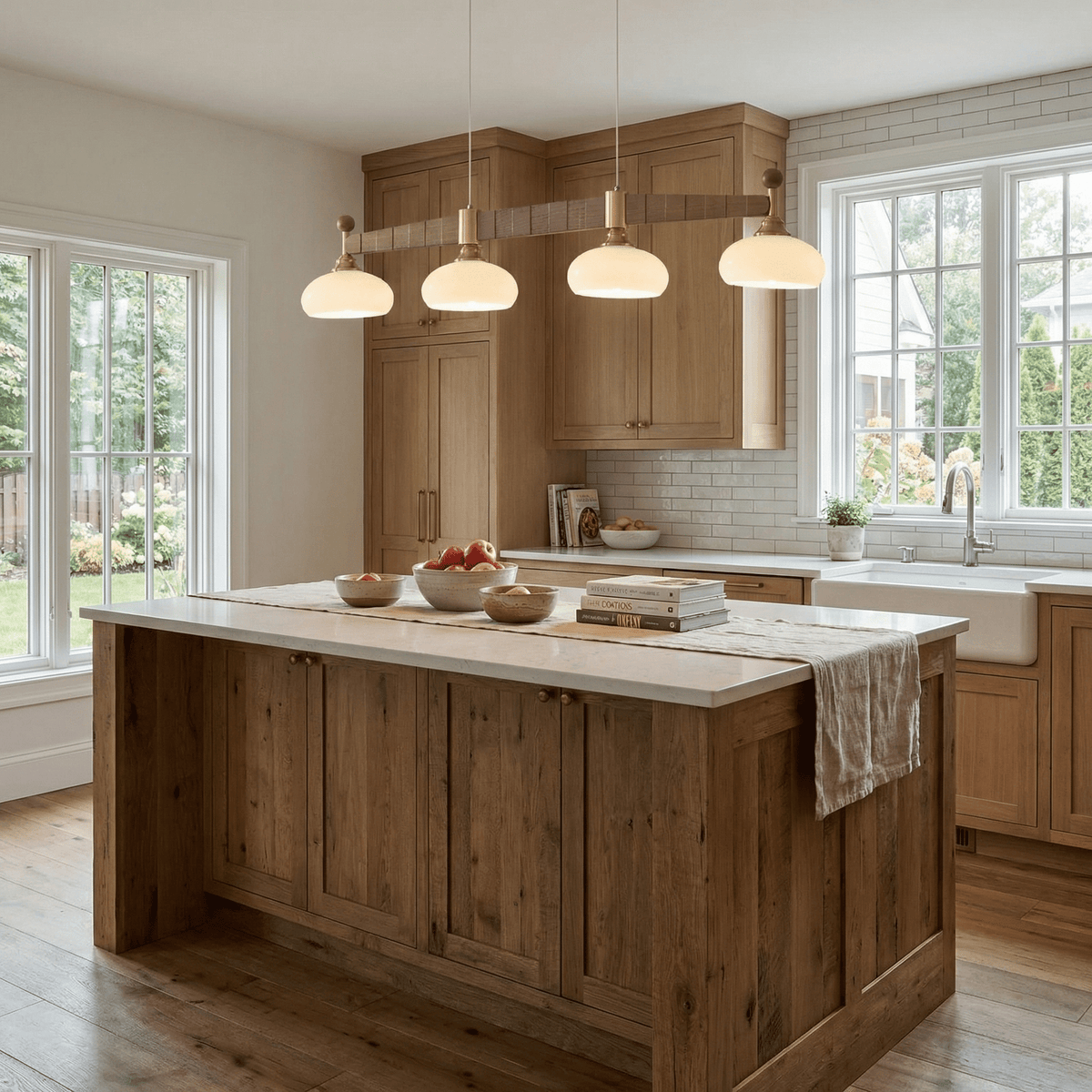 Brixton Oar Linear Pendant Light – Modern Wood & Brass Kitchen Island Lamp