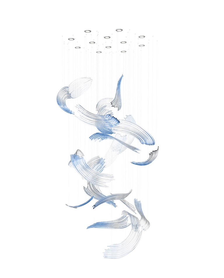 Brush Art Glass Chandelier — Sculptural Blue & Clear Glass Pendant Light
