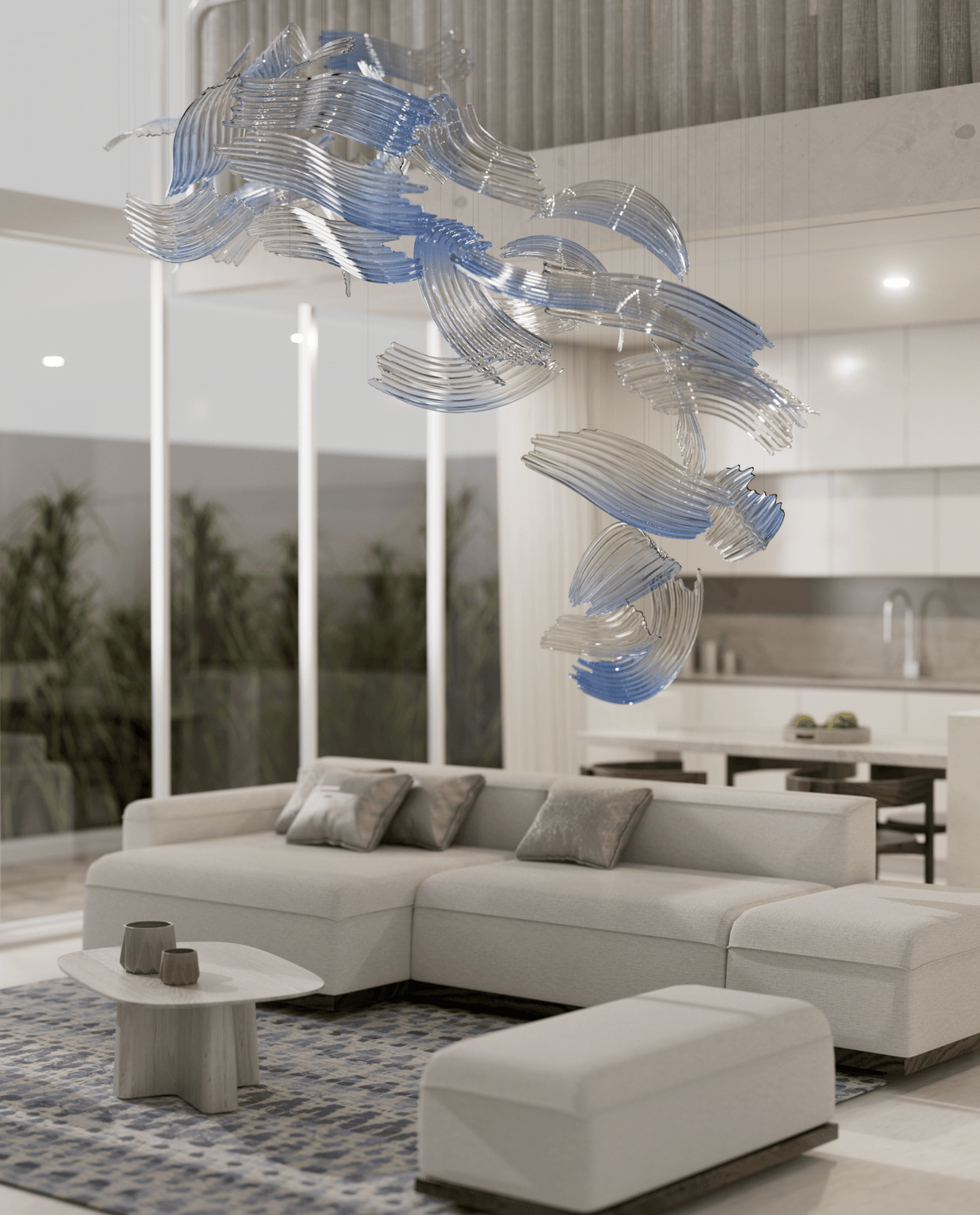 Brush Art Glass Chandelier — Sculptural Blue & Clear Glass Pendant Light