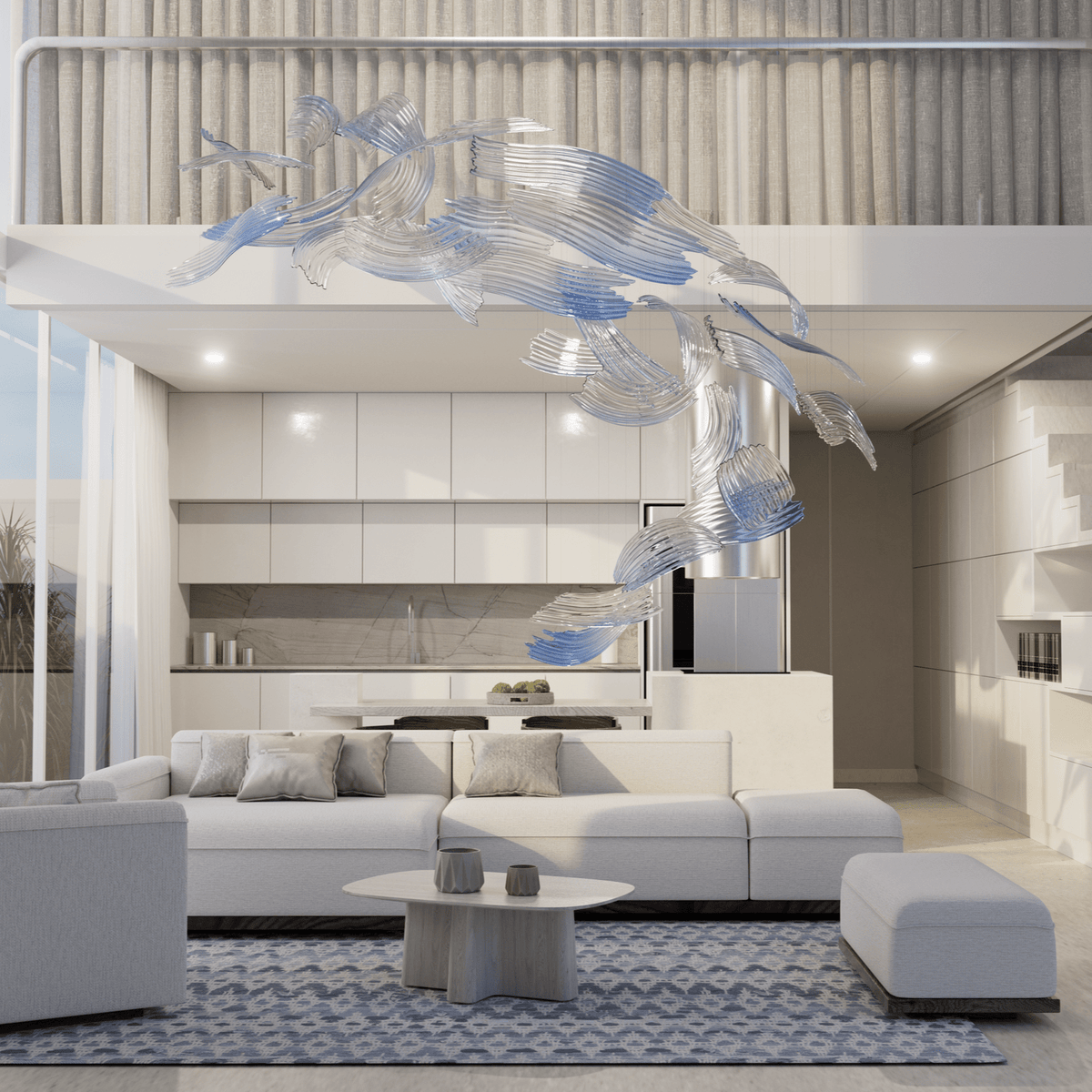 Brush Art Glass Chandelier — Sculptural Blue & Clear Glass Pendant Light