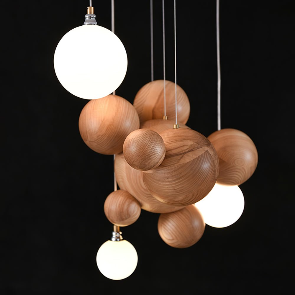 Bubble Wood Balls Chandelier – Modern Wooden LED Pendant Light