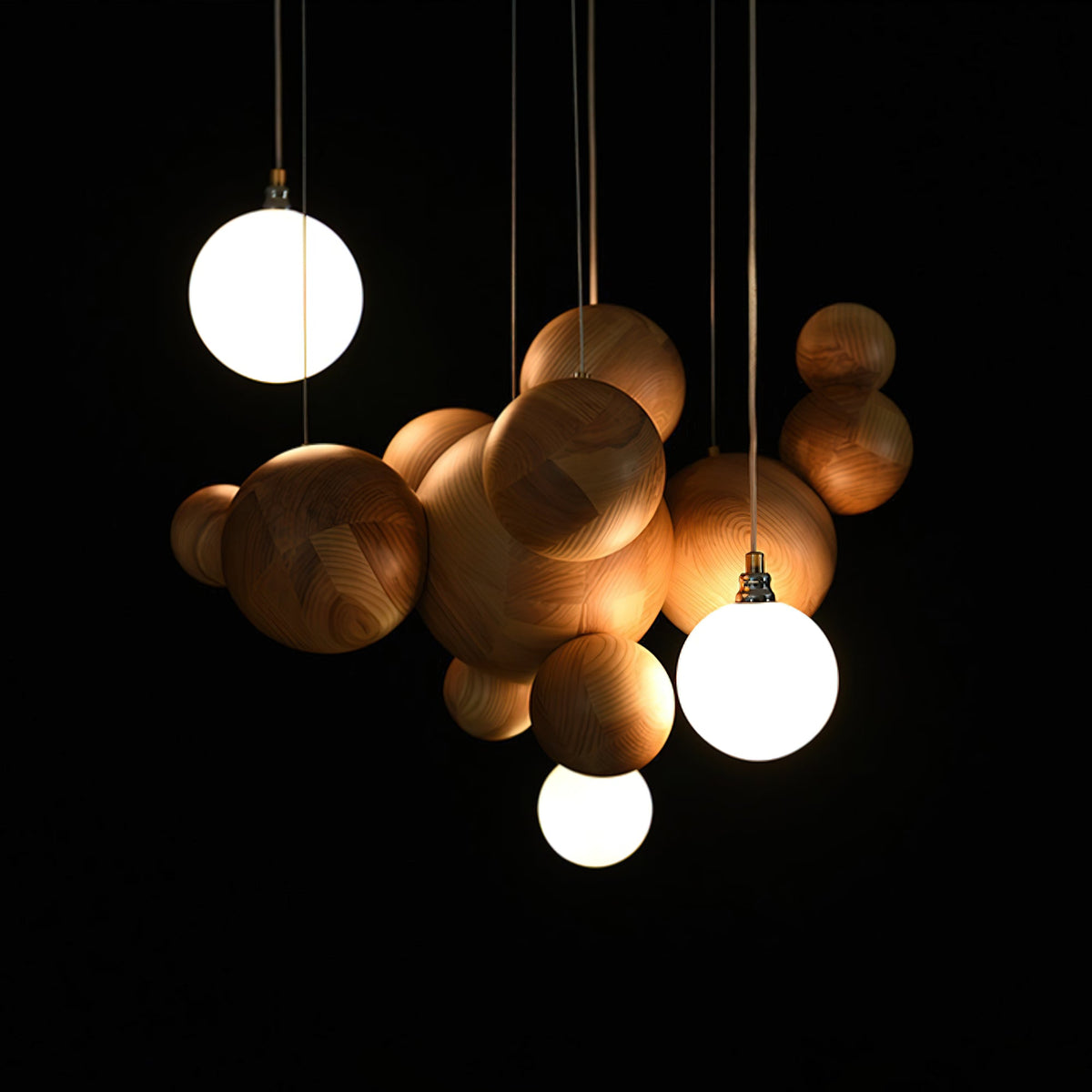 Bubble Wood Balls Chandelier – Modern Wooden LED Pendant Light