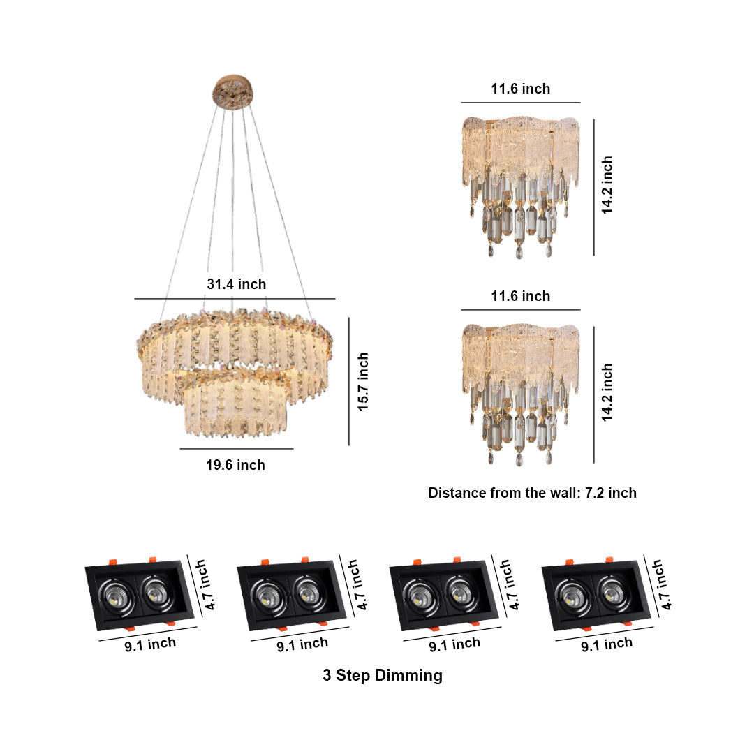 Crystal & Gold Layered Lighting Suite with Recessed Accents