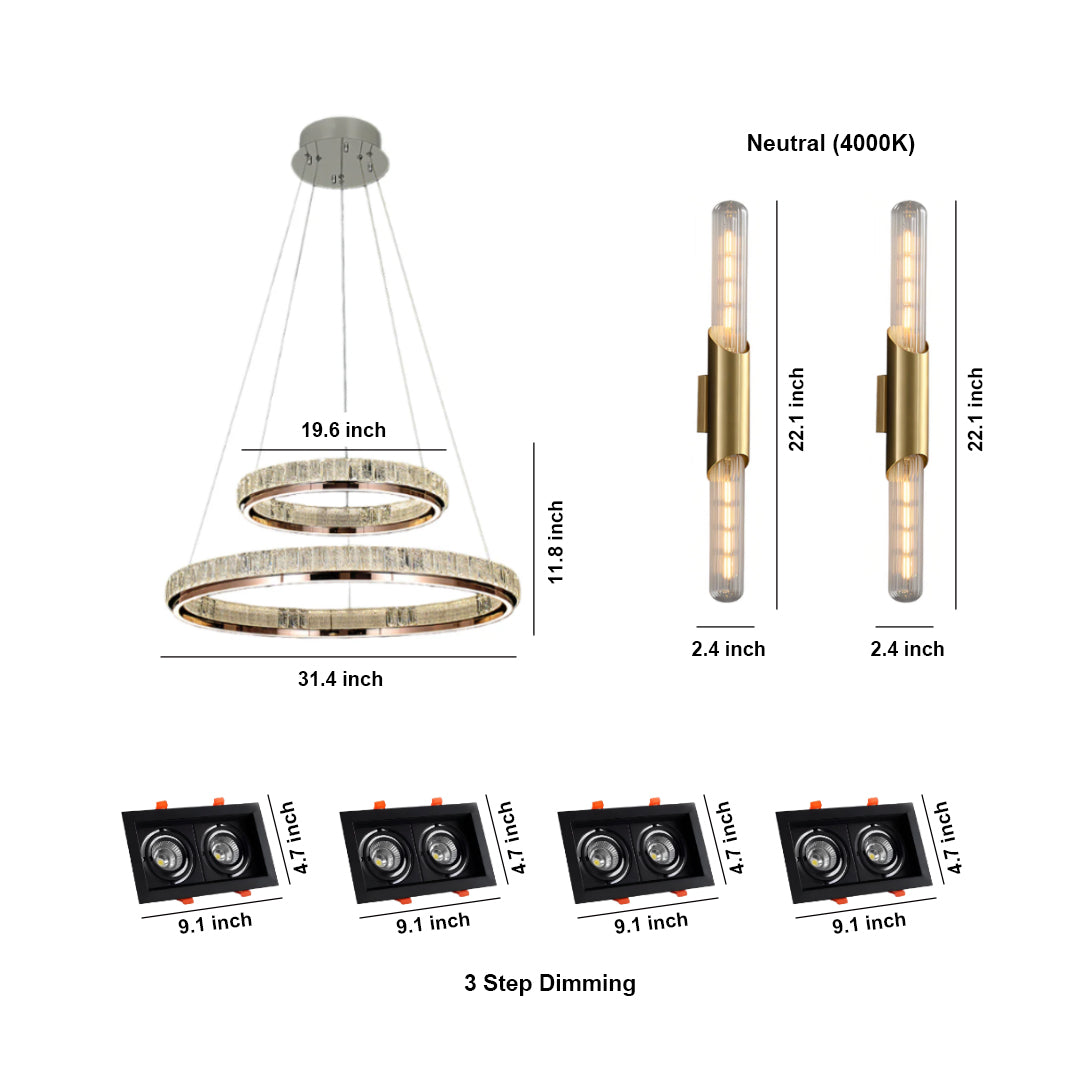 Gold Crystal Chandelier with Brass Wall Sconces and Recessed LED Lights