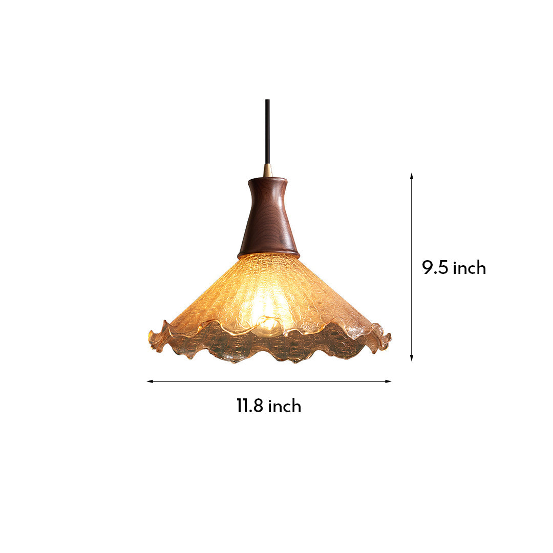 Vintage Brass Pendant Light with Walnut Wood and Cracked Glass Shade