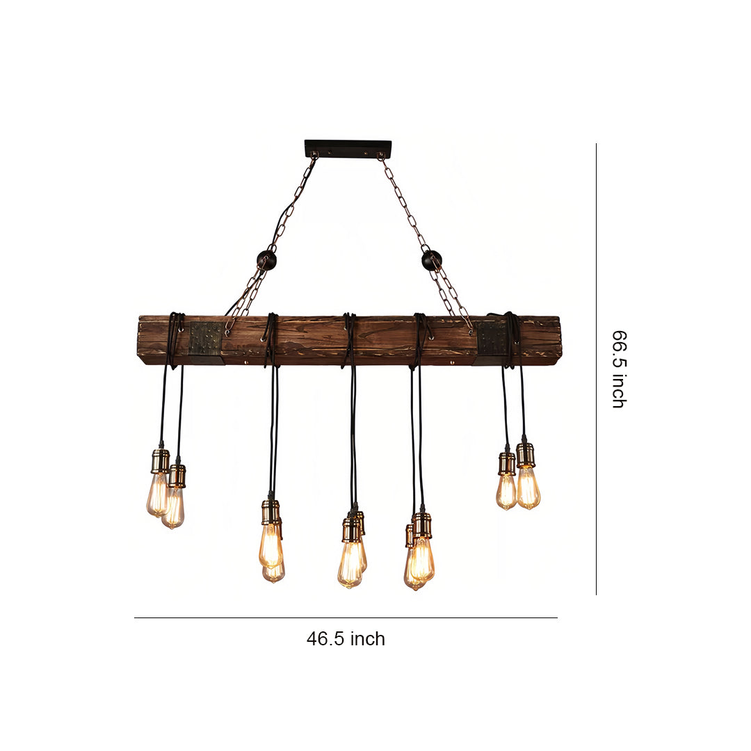 American Vintage Iron and Wood Linear Pendant Light, 10-Light