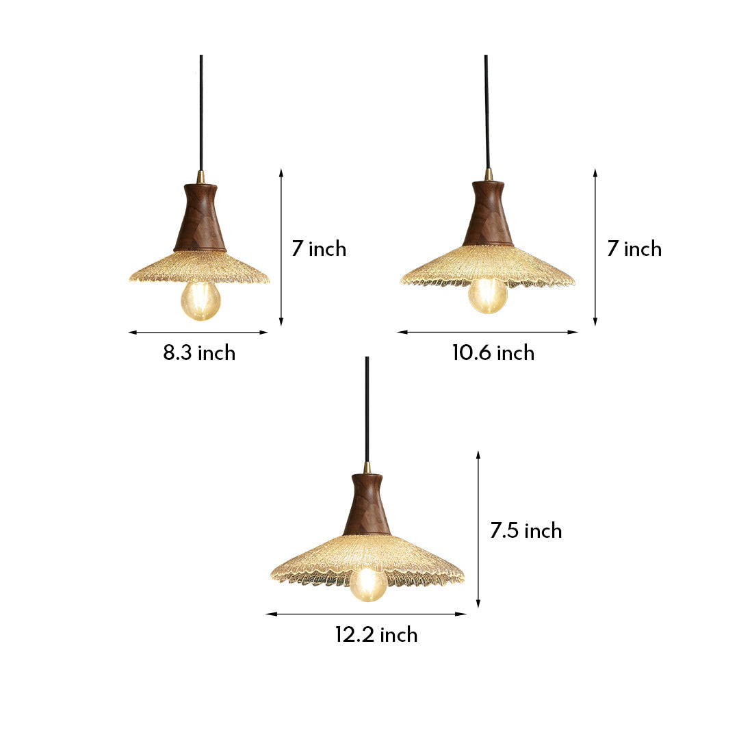 Walnut Wood Pendant Light with Brass Accents and Glass Shade