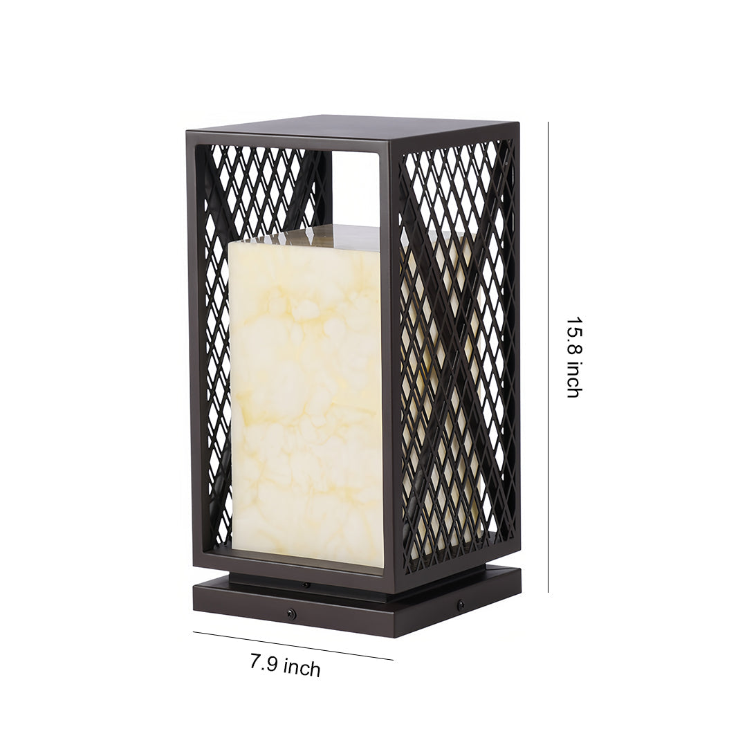 Black Outdoor Floor Lantern with Marble-Textured Shade, IP65 Waterproof Bollard Light