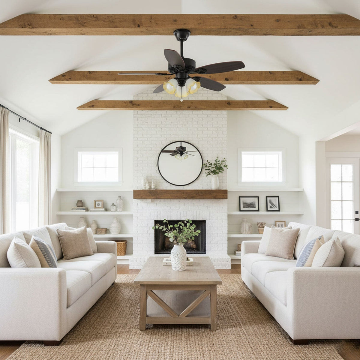 Calantha Bloom Ceiling Fan Light with Scalloped Glass Shades and Wood Blades