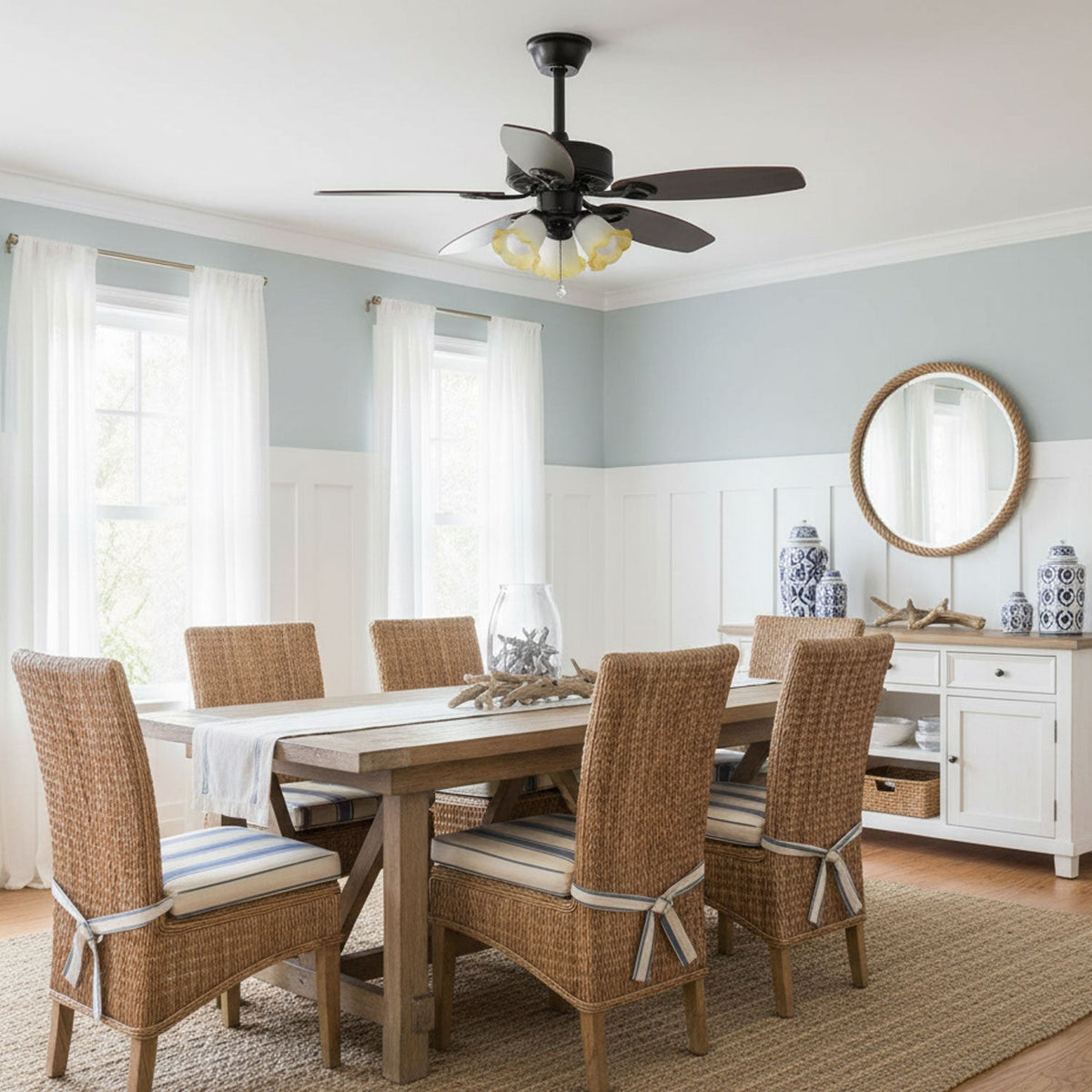 Calantha Bloom Ceiling Fan Light with Scalloped Glass Shades and Wood Blades