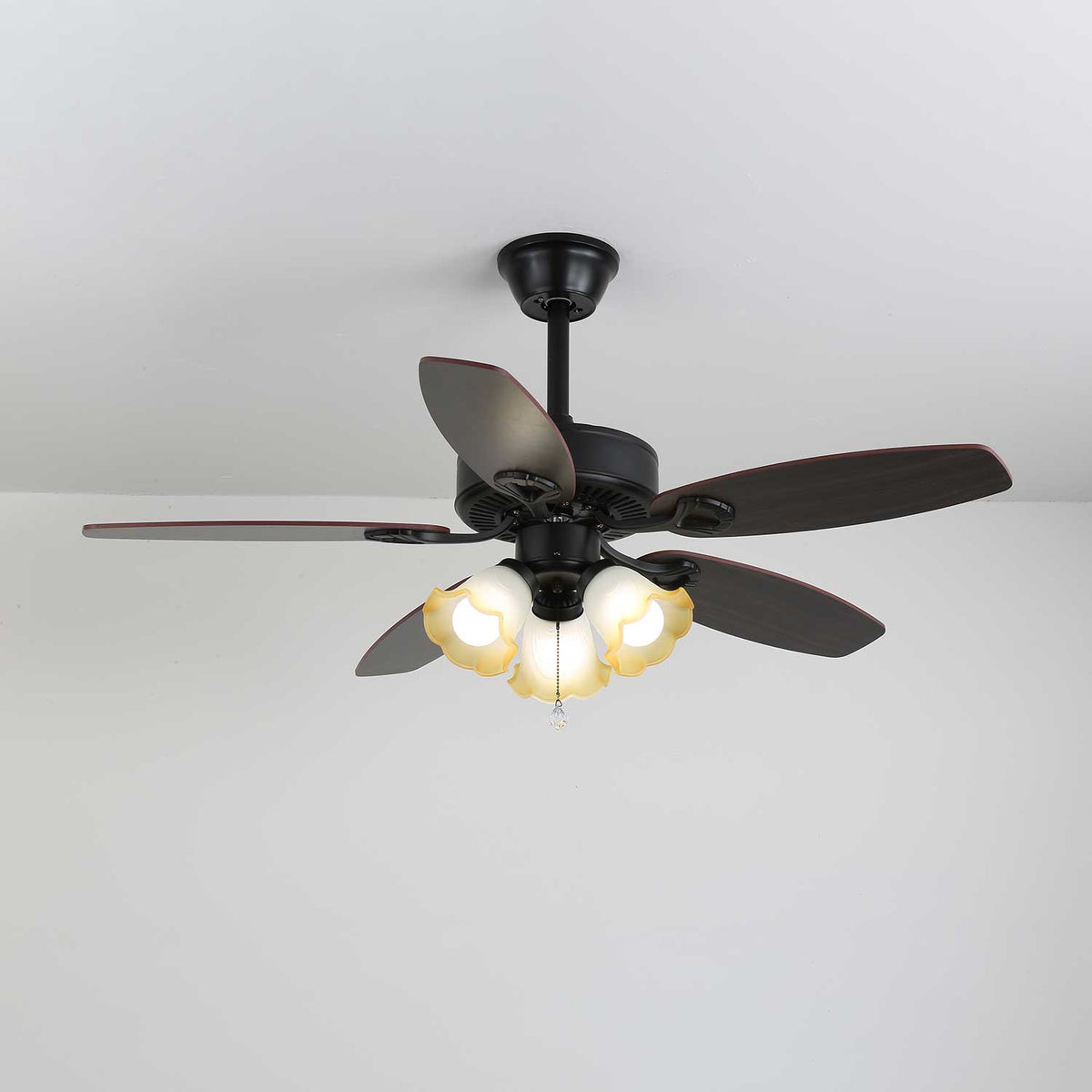Calantha Bloom Ceiling Fan Light with Scalloped Glass Shades and Wood Blades