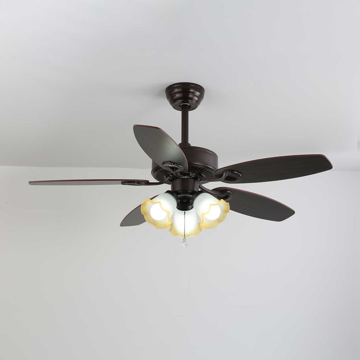 Calantha Bloom Ceiling Fan Light with Scalloped Glass Shades and Wood Blades