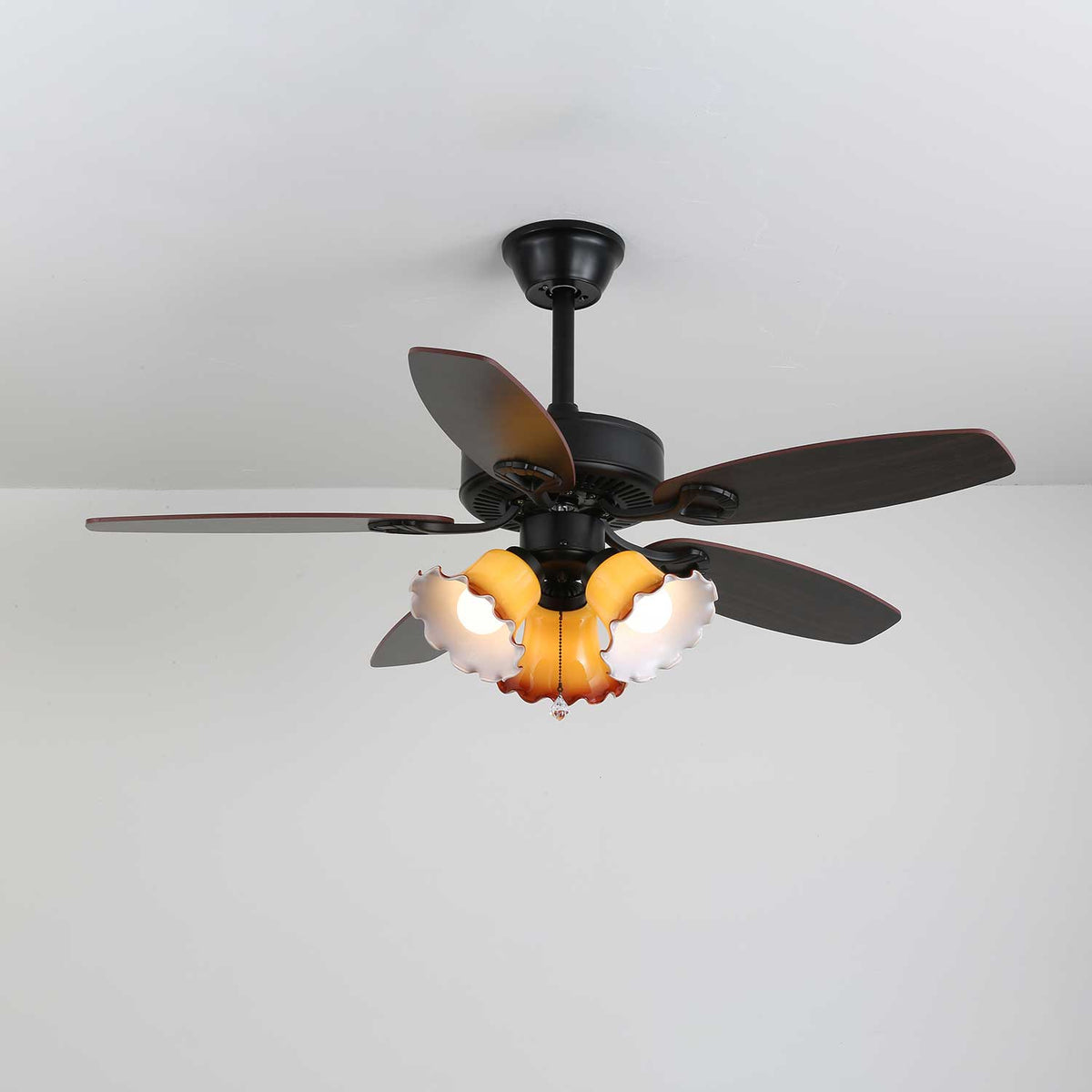 Calantha Bloom Ceiling Fan Light with Scalloped Glass Shades and Wood Blades