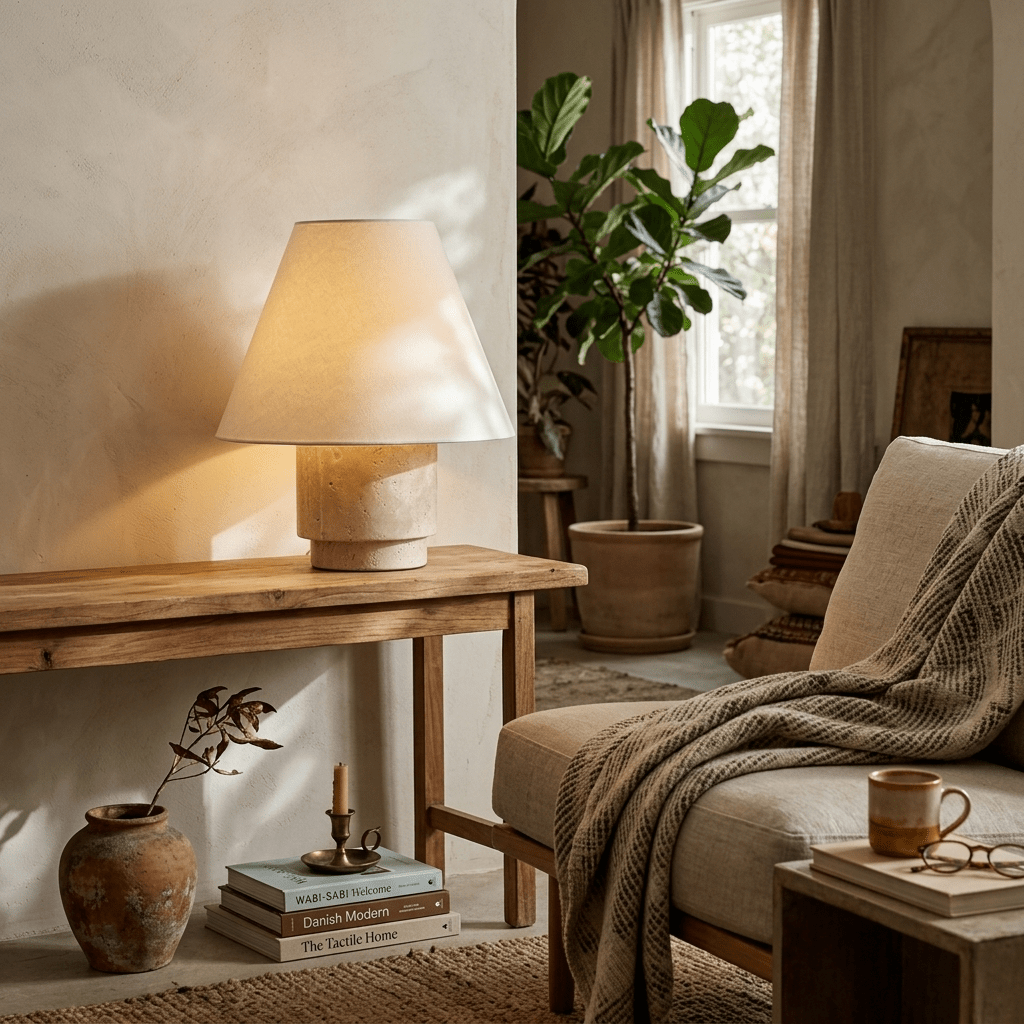 Caldera Travertine Table Lamp with Cotton Linen Shade