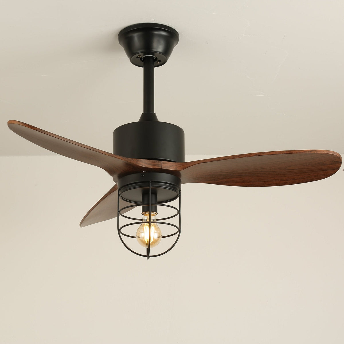 Caldor Industrial Ceiling Fan with Light, Matte Black and Wood Blades
