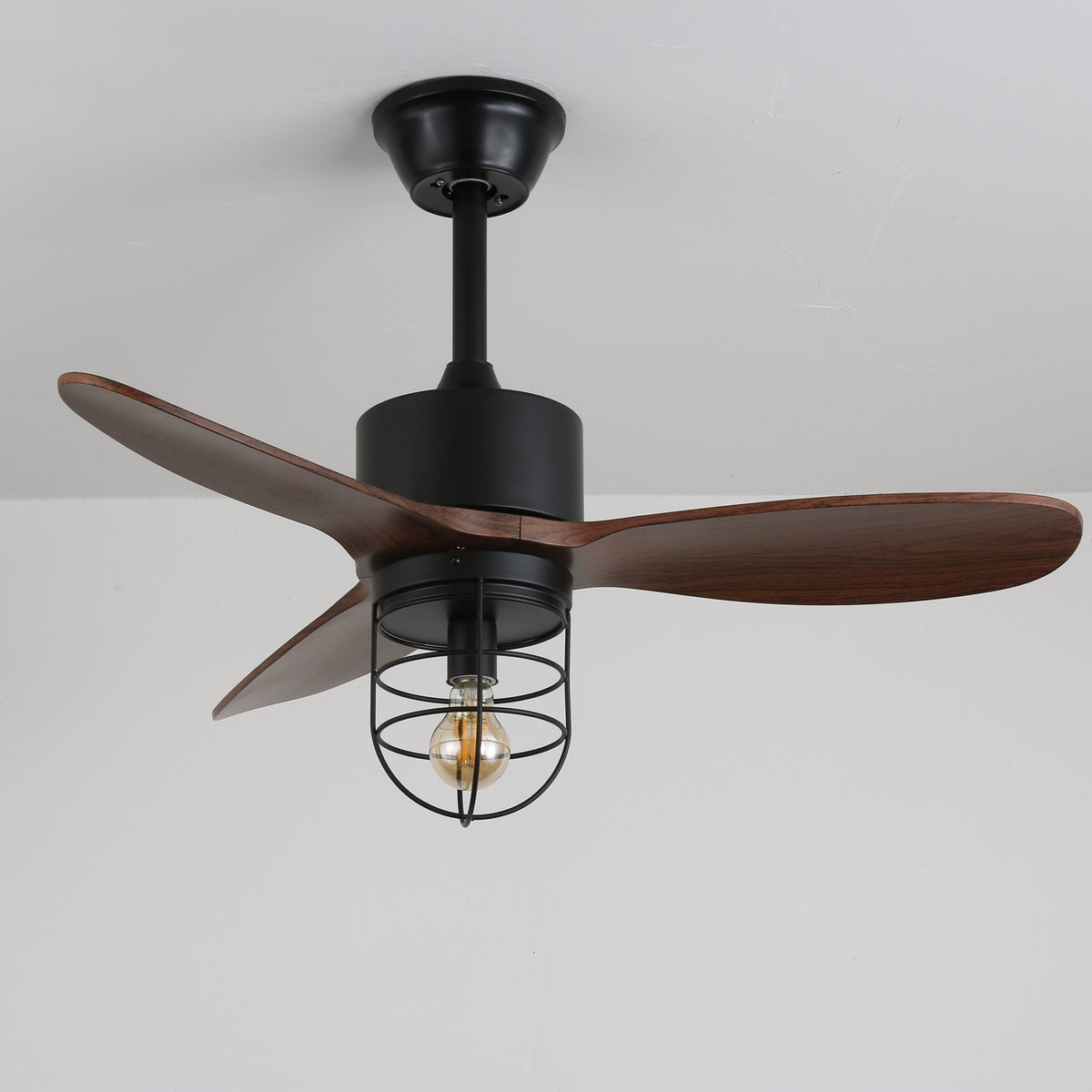 Caldor Industrial Ceiling Fan with Light, Matte Black and Wood Blades