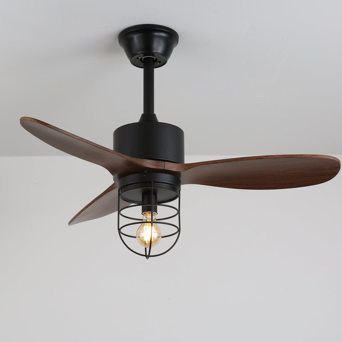 Caldor Industrial Ceiling Fan with Light, Matte Black and Wood Blades