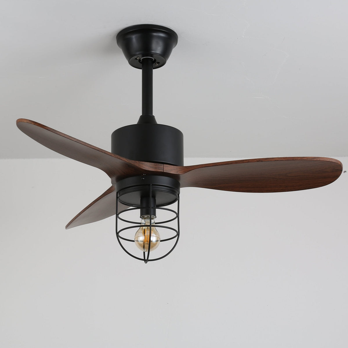 Caldor Industrial Ceiling Fan with Light, Matte Black and Wood Blades