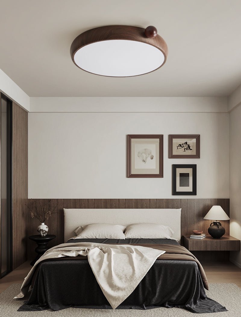 Calindra Modern Walnut Wood Grain LED Ceiling Light, Flush Mount for Living Room & Bedroom