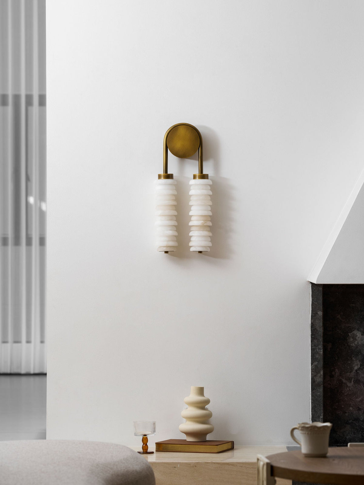 Calla Ribbed Alabaster Wall Sconce with Antique Brass Accents