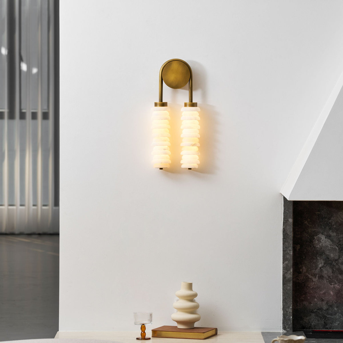 Calla Ribbed Alabaster Wall Sconce with Antique Brass Accents
