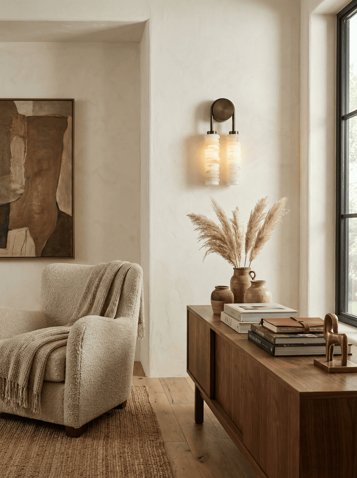 Calla Ribbed Alabaster Wall Sconce with Antique Brass Accents