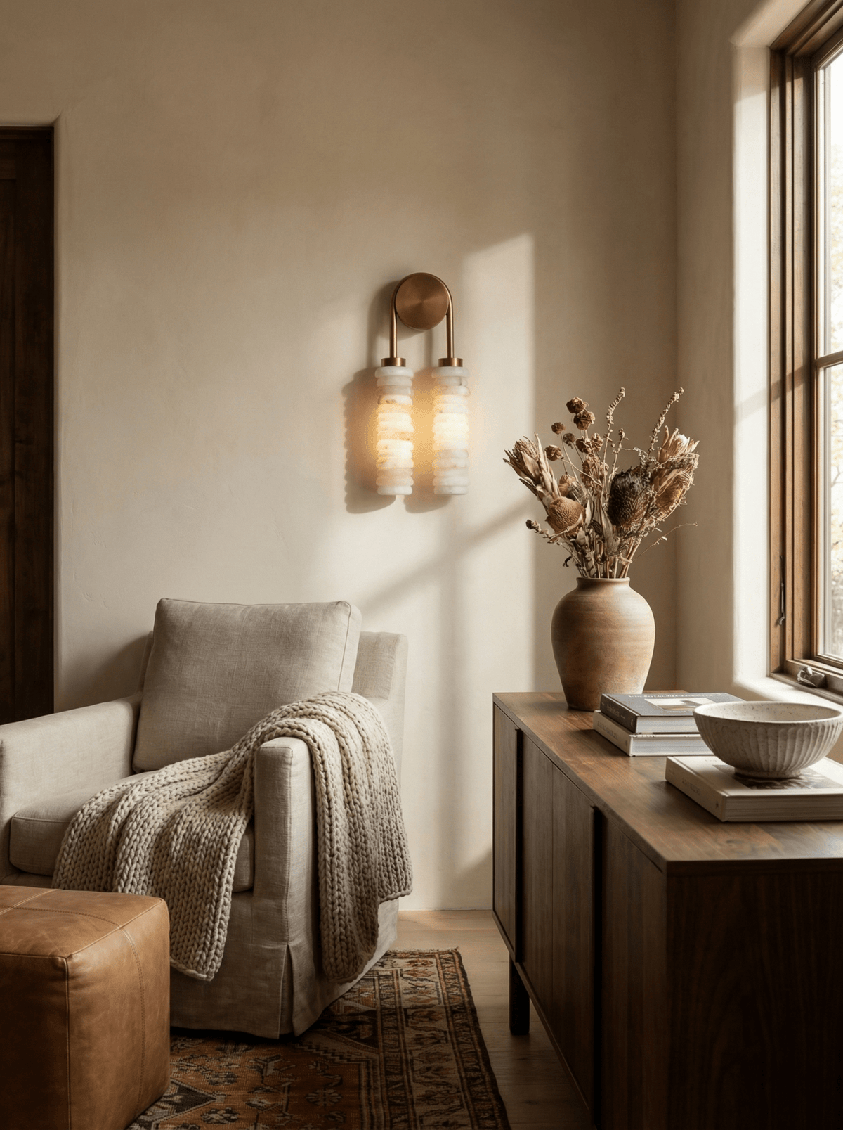Calla Ribbed Alabaster Wall Sconce with Antique Brass Accents