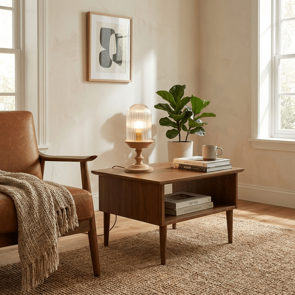 Calyra Ribbed Table Lamp – Sculptural Glass & Wood Accent Light