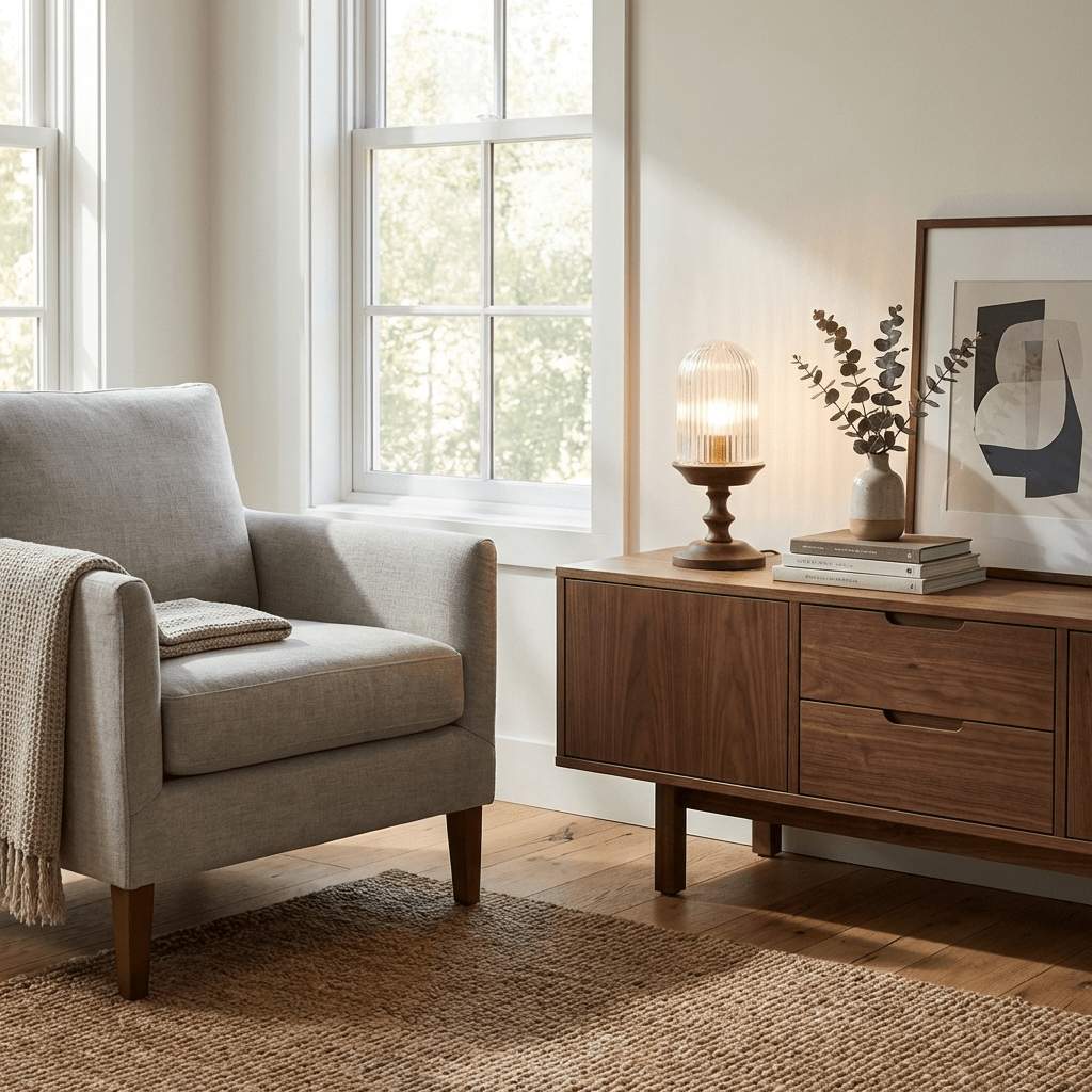 Calyra Ribbed Table Lamp – Sculptural Glass & Wood Accent Light