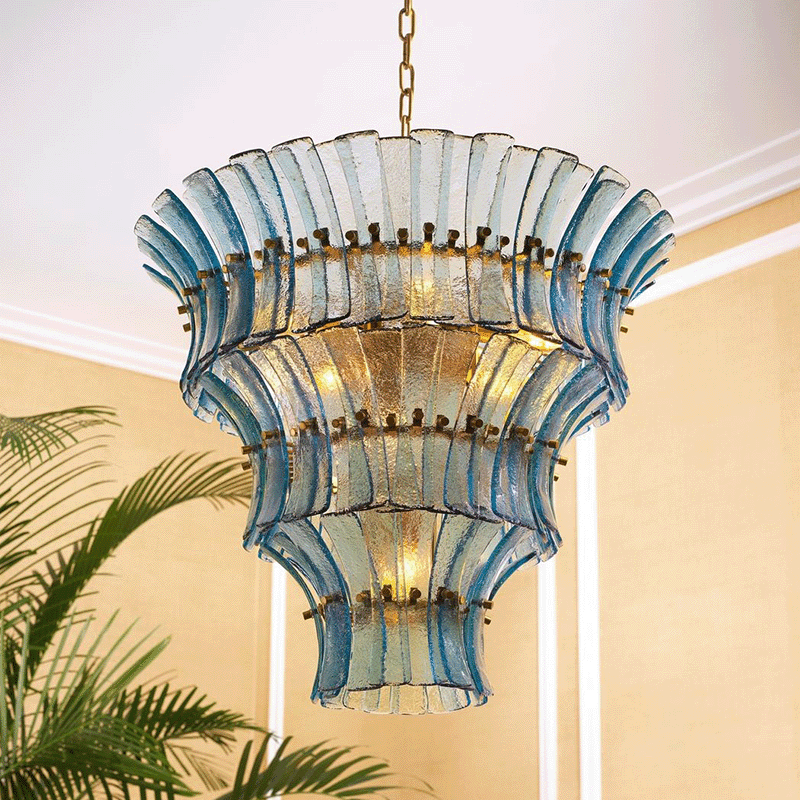 Calyra Tiered Glass Chandelier in Aqua and Brass