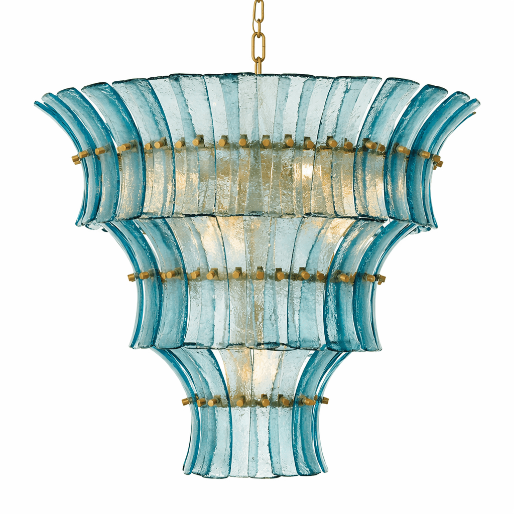 Calyra Tiered Glass Chandelier in Aqua and Brass