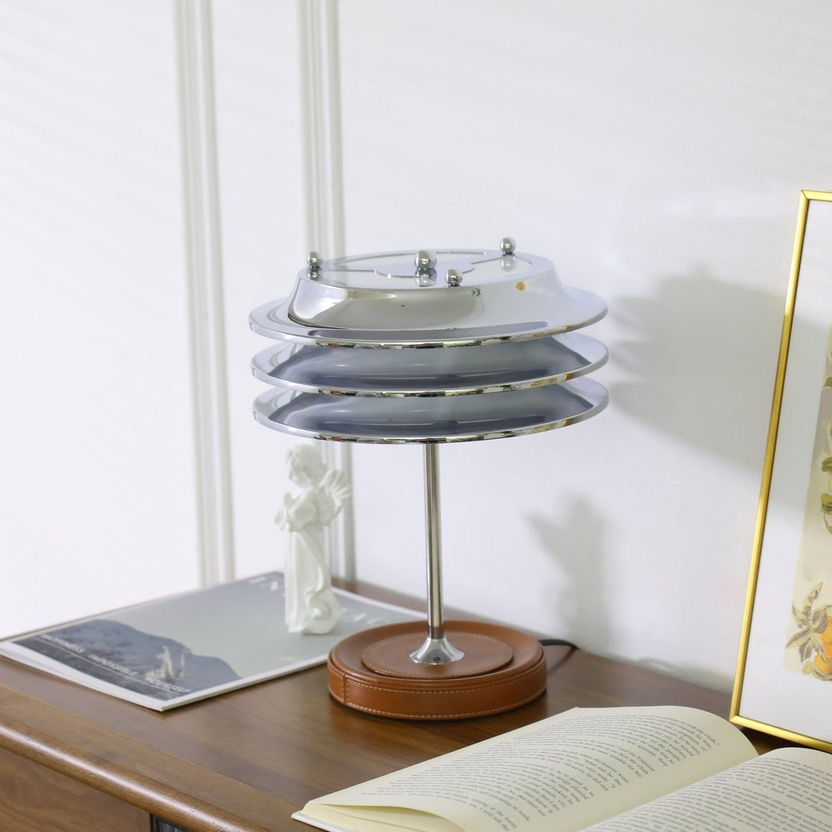Calystron Sculptural Chrome Table Lamp with Leather Accent