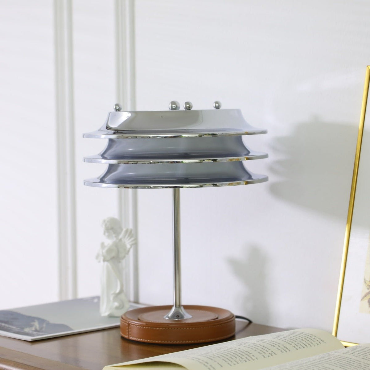 Calystron Sculptural Chrome Table Lamp with Leather Accent