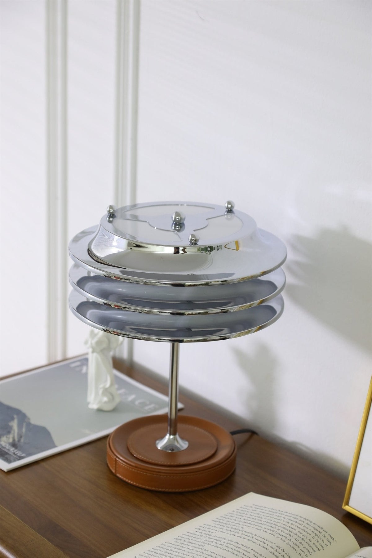 Calystron Sculptural Chrome Table Lamp with Leather Accent