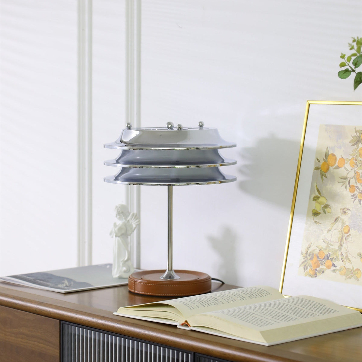 Calystron Sculptural Chrome Table Lamp with Leather Accent