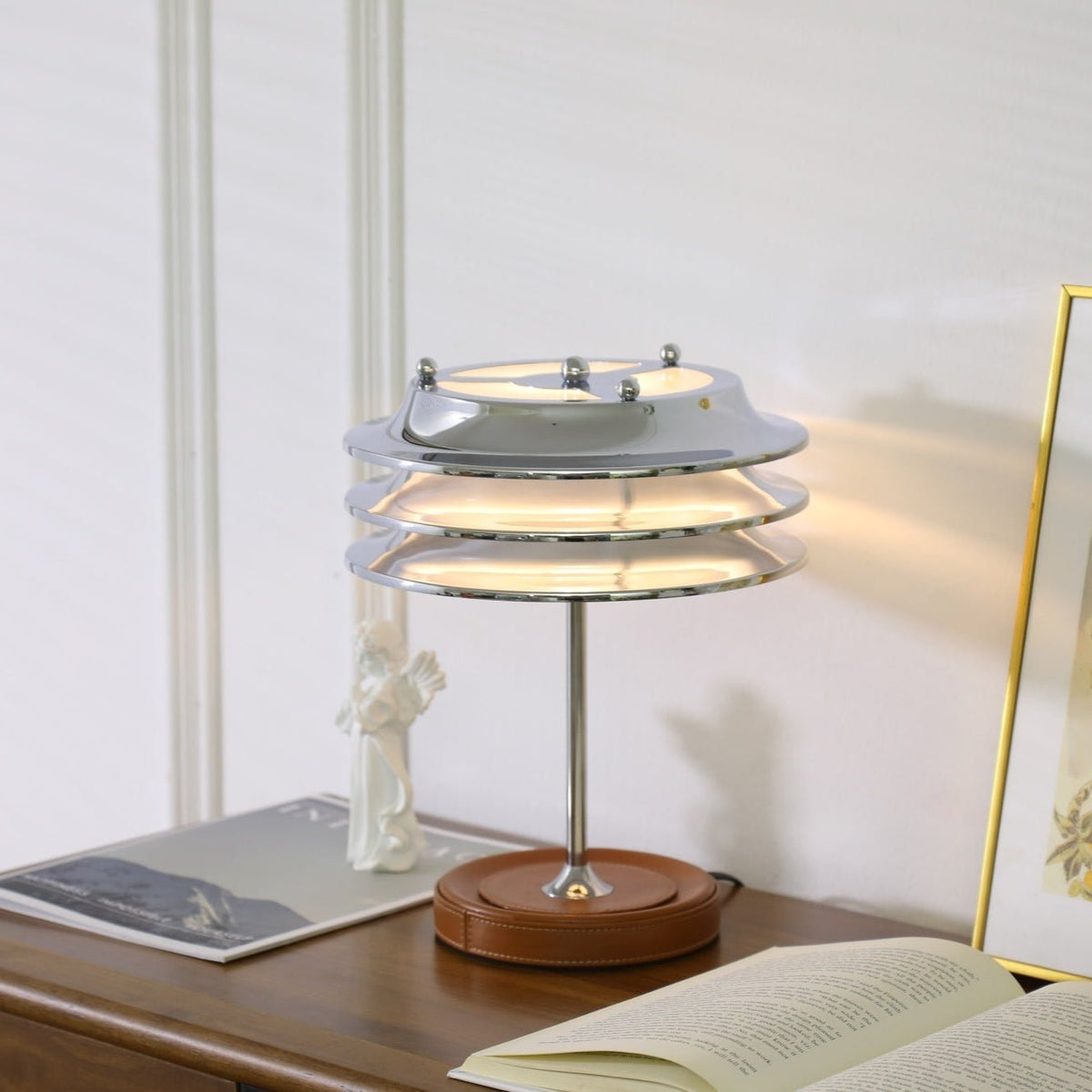 Calystron Sculptural Chrome Table Lamp with Leather Accent