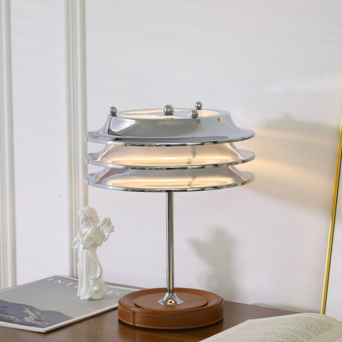 Calystron Sculptural Chrome Table Lamp with Leather Accent