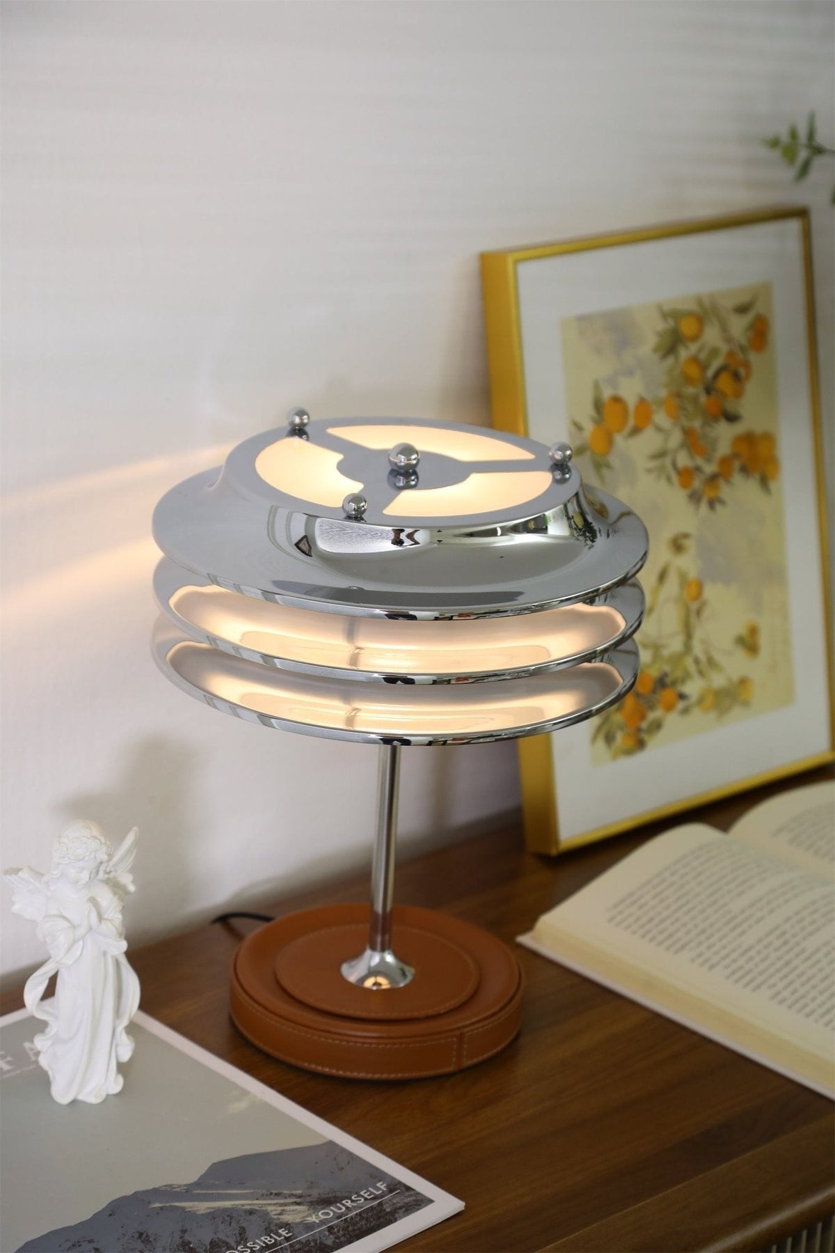 Calystron Sculptural Chrome Table Lamp with Leather Accent