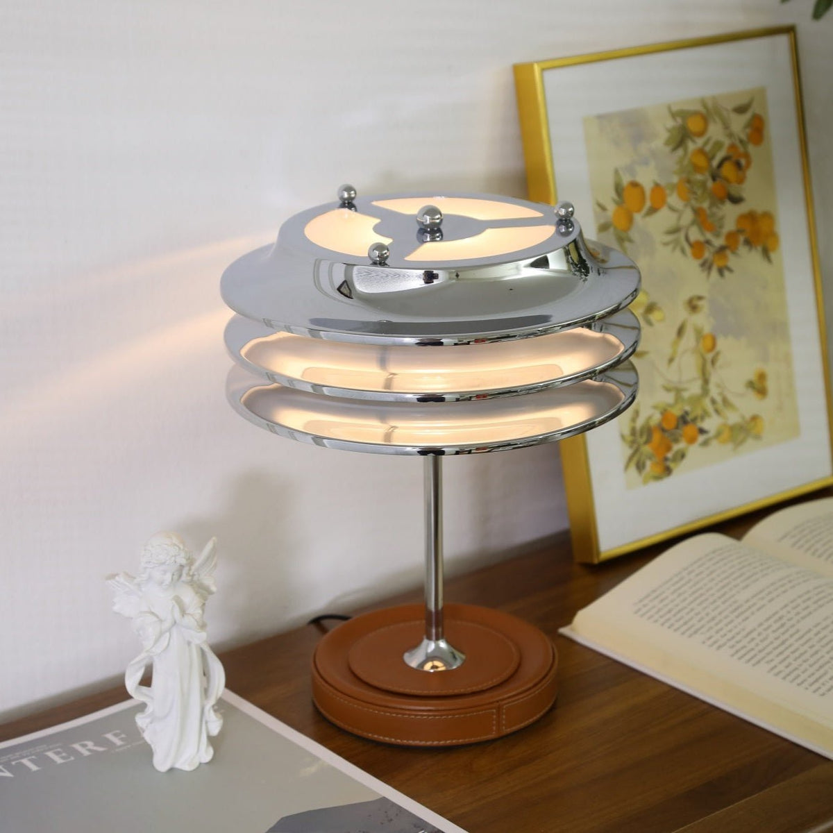 Calystron Sculptural Chrome Table Lamp with Leather Accent