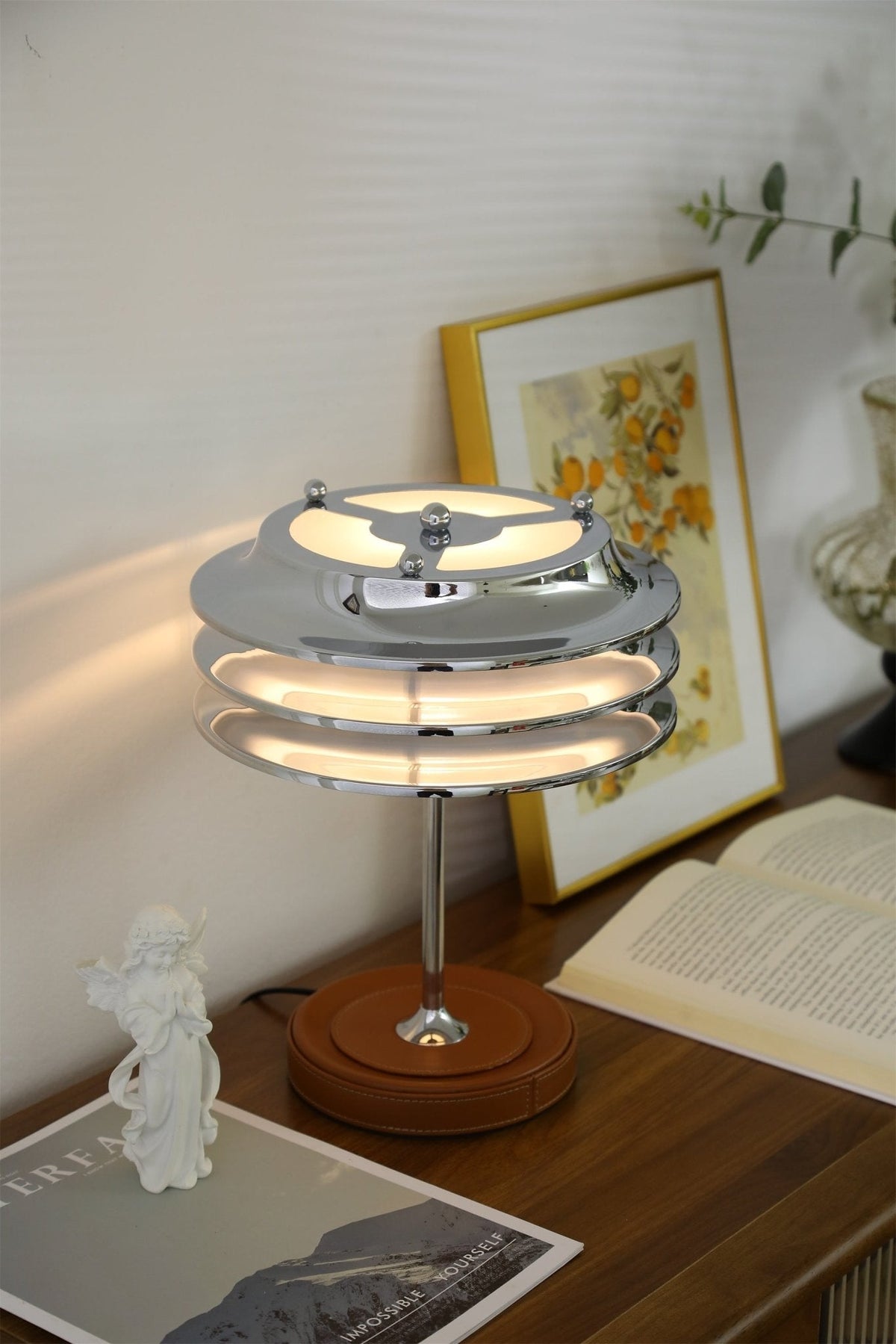 Calystron Sculptural Chrome Table Lamp with Leather Accent